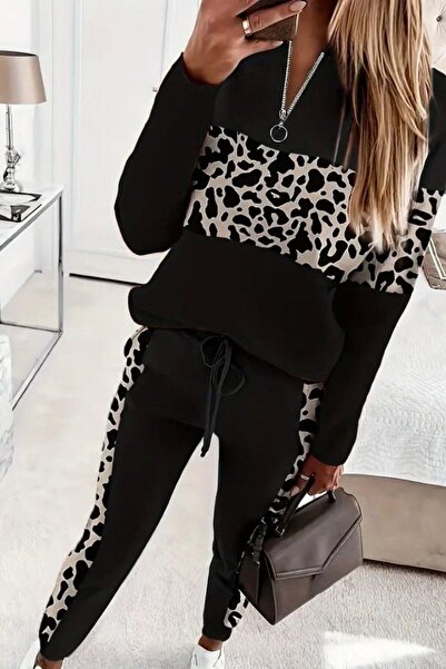 Mossta Viscose Two Thread Blouse and Trousers Two-Piece Set with Pattern Stripe on the Front and Zipper - Black