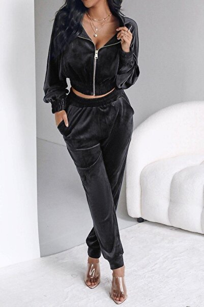 Mossta Velvet Crop Jacket and Pants Two Piece Set - Black