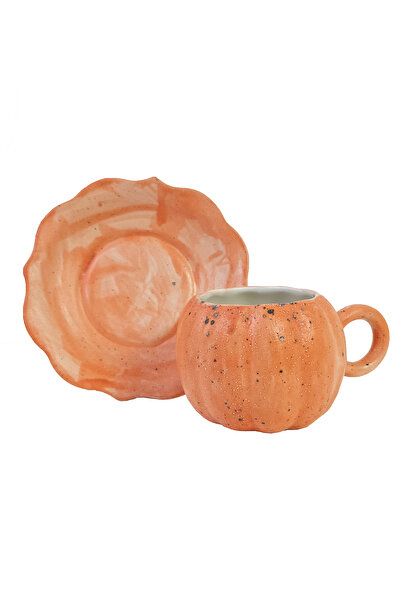 Hulganz El Yapımı Seramik Kupa Balkabağı / Pumpkin Çay Kahve Fincanı Mug Bardak ve Tabak Halloween