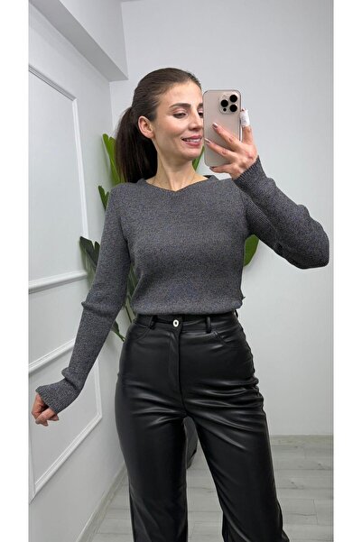 TUNAM BUTİK 10803 V-Neck Glitter Knit Sweater Smoked