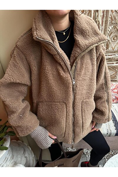 Kadın Oversize Dik Yaka Fermuarlı Cepli Astarlı Peluş Mont (1 Beden Küçük Almanız Önerilir. )