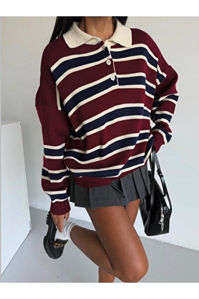 Be Best Women's Burgundy Polo Neck Striped Sweater Be173