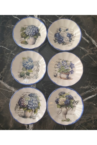 elayarts Tepsi ve 6lı çay bardağı takımı Mavi çiçekli hediyelik