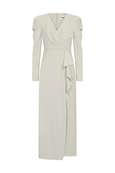 cercis V Yaka Uzun Kollu Drapeli Midi Abiye Elbise