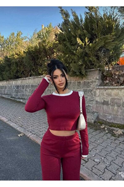 albaroda Γυναικείο μπορντό διακοσμητικό ρέλι μακρυμάνικο μπλουζάκι & φαρδύ πα...