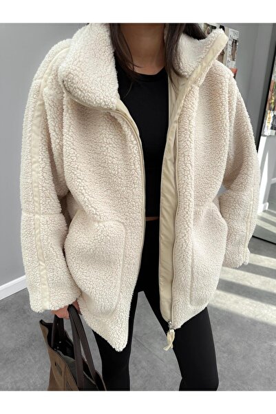 Seviliko Kadın Oversize Dik Yaka Fermuarlı Cepli Astarlı Peluş Mont (1 Beden Küçük Almanız Önerilir. )