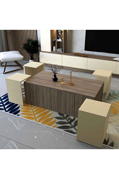 Stylish Home طاولة مركزية خشبية مع طاولات تقديم - CT61 120x33.4x120 بيج