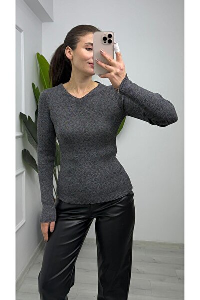 TUNAM BUTİK 10803 V-Neck Glitter Knit Sweater Smoked