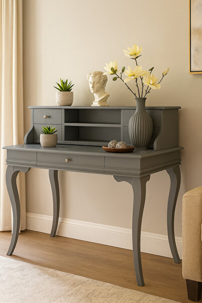 Wooding Mobilya 120 Cm 5 Çekmeceli Masif Gri Raflı Çalışma Masası