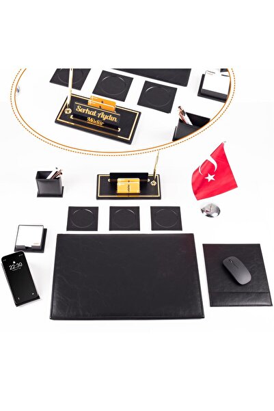 Ofistike Optima 10 Parça Türk Bayraklı Siyah Deri Sümen Seti Takımı Gold Kale...