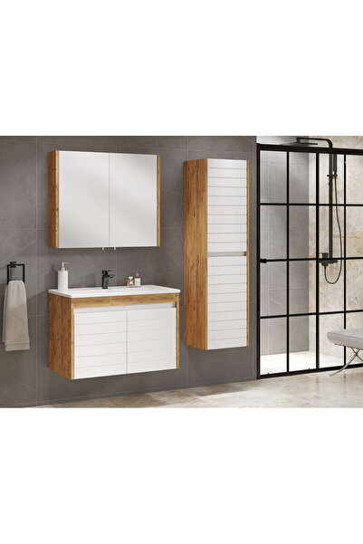 ROSEART BANYO BİANKA ATLANTİK ÇAM BEYAZ 80CM BANYO DOLAP SETİ ÜST MODÜL + ALT MODÜL + SERAMİK LAVABO + BOY DOLAP