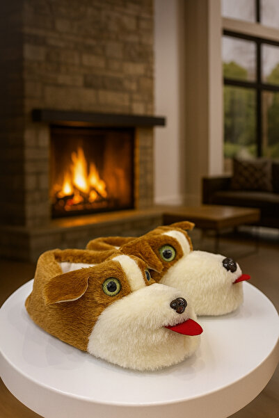 Behtah Kundura Unisex Cam Gözlü Köpek Figürlü Peluş Ev Pandufu Botu Ev Ayakkabısı Ayağı Sıcak Tutar
