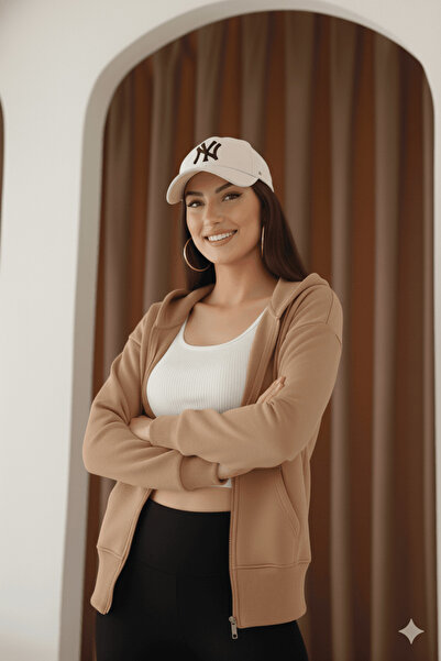 cemo Kadın Fermuarlı Kapşonlu Beyaz Bol Crop Sweatshirt