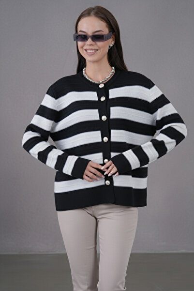 hayal giyim Women's Crew Neck Silver Button Detailed Knitwear Cardigan