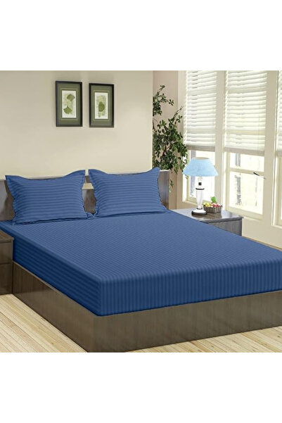 Kotonia Home Cuvertură de pat elastică, 100% bumbac, satin damasc, dungi mărime 1 cm, bleumarin, 180x200+25 cm