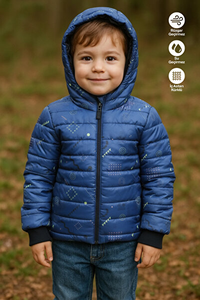 Merdia Boy's Waterproof and Windproof Fur Lined Hooded Coat with Geometric Pattern