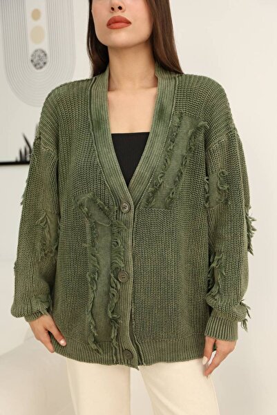 AYASOFYA OTANTIK Women's Khaki Button Closure Vintage Detailed Loose Cotton Knitwear Long Cardigan Cap