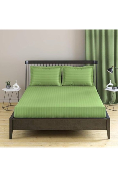 Kotonia Home Elastic bed cover, 100% cotton, Damask Satin, stripe size 1 cm, Pistachio Green, 160x200+20 cm