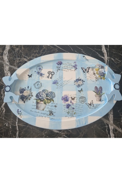 elayarts Tepsi ve 6lı çay bardağı takımı Mavi çiçekli hediyelik