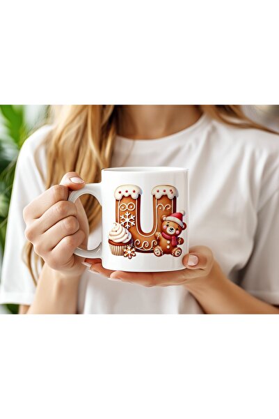 Beramussa U Cookie Letter and Teddy Bear Detailed Mug - New Year / Christmas Themed Design - Christmas Gift