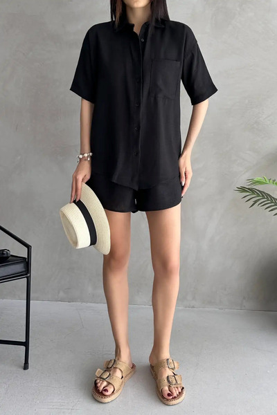 MODA Kısa Kol Gömlek Ve Şort Alt-Üst Takım Aerobin Keten
