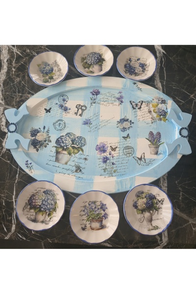elayarts Tepsi ve 6lı çay bardağı takımı Mavi çiçekli hediyelik