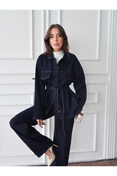 Swass Navy Blue Belted Wide Leg Denim Suit