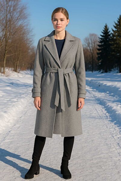 KMKkombin معطف نسائي بياقة كروفايز متوسط الطول مع حزام