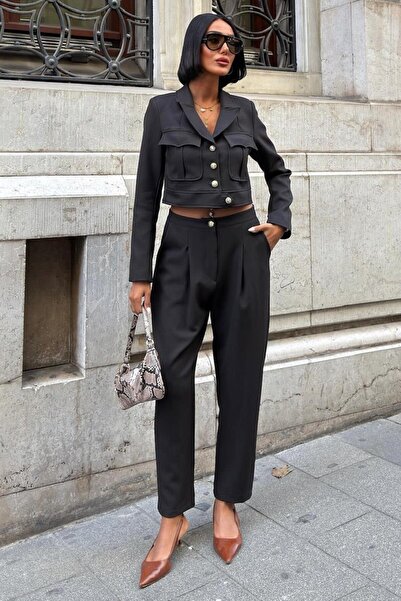 Lijuri سترة قصيرة بنية اللون وبدلة فاخرة بأزرار كلاسيكية 10239