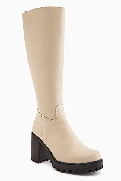 Limoya Ella Hakiki Deri Bej Platform Topuklu Kadın Çizme