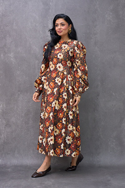 KÜÇÜĞÜM BUTİK Γυναικείο φόρεμα με πλισέ καφέ σατέν μακρύ φορέματα