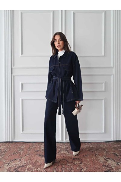 Swass Navy Blue Belted Wide Leg Denim Suit
