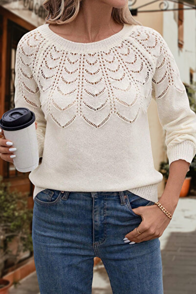hanope Women's Openwork Patterned Crew Neck Casual Long Sleeve Knitwear Sweater White