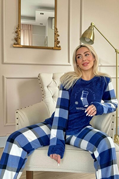 Pijamaevi Navy Blue Wishes Patterned Women's Plush Pajama Set