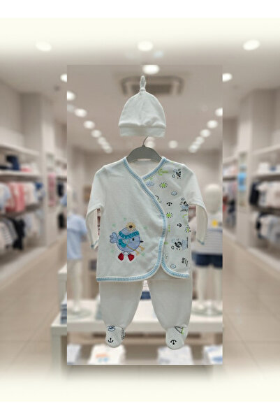 Jasminya Newborn Baby Blue Bird Embroidered 3 Piece Combed Cotton Bodysuit Set