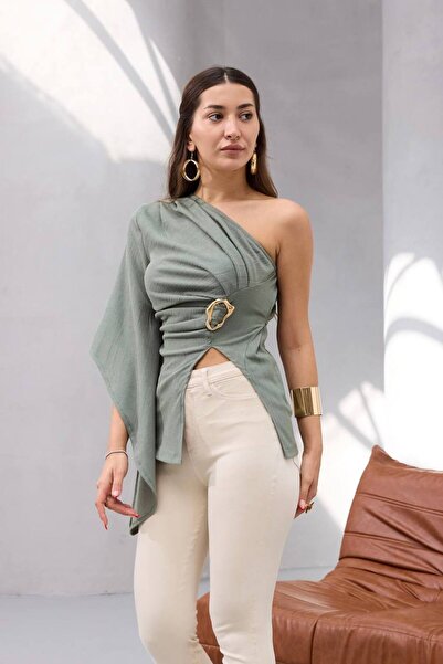 Butik Beyza One Shoulder Buckle Detailed Blouse