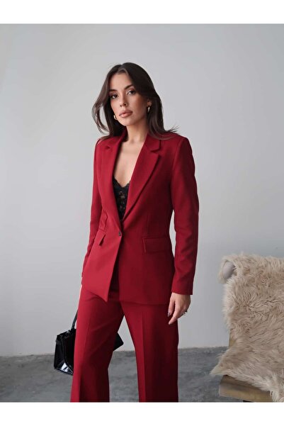Swass Burgundy Straight Leg Classic Blazer Jacket and Fabric Trousers Suit