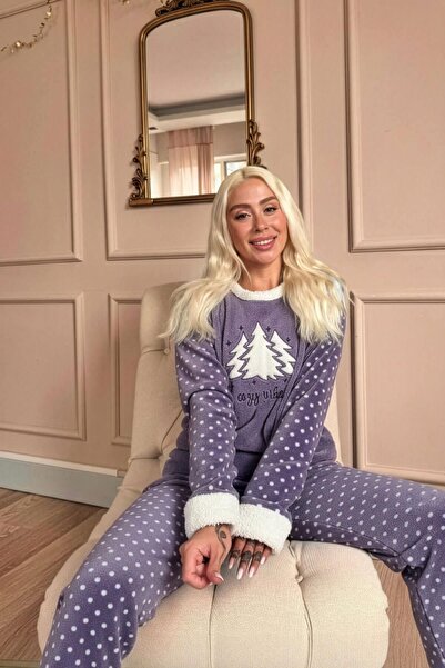 Pijamaevi Σετ γυναικεία βελούδινα πιτζάμες με σχέδιο λιλά πεύκο