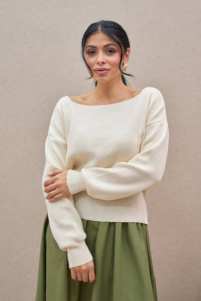 KÜÇÜĞÜM BUTİK Pulover oversize din tricot cu decolteu barcă crem