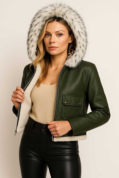 ChiBas Kapşonlu Kısa Deri Mont Haki
