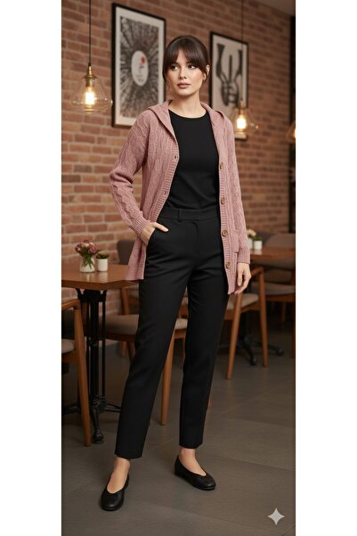 rushana Women's Hooded Long Hair Knit Pocket Buttoned Knitwear Cardigan