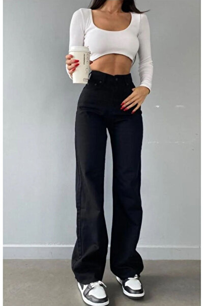 mooishan Wide Leg Black Denim Fabric Women's Jeans - Black Colorfast Loose Pa...