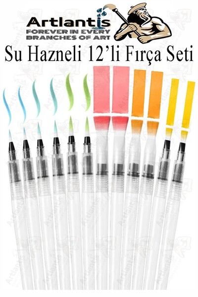 Artlantis Su Hazneli Kalem Fırça 12 li 1 Paket Suluboya Fırça Kalemi Kaligrafi Hat Fırçası Sulu Boya Su Haznel