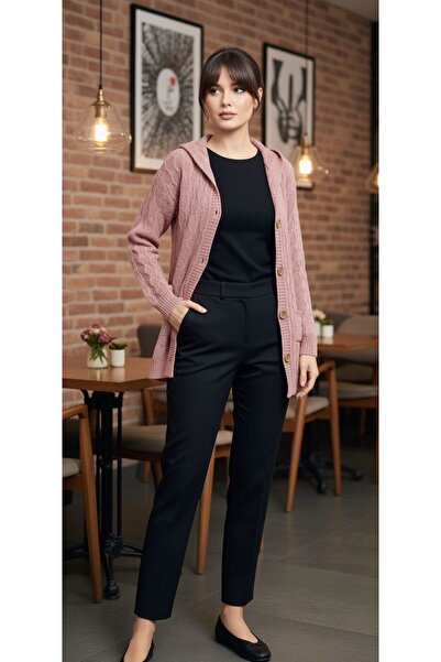 rushana Women's Hooded Long Hair Knit Pocket Buttoned Knitwear Cardigan