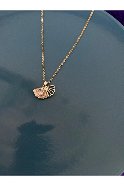 ulaşaksesuar Altın Renk Deniz Kabuğu Inci Detaylı Minimal Zirkon Taşlı Zincir...