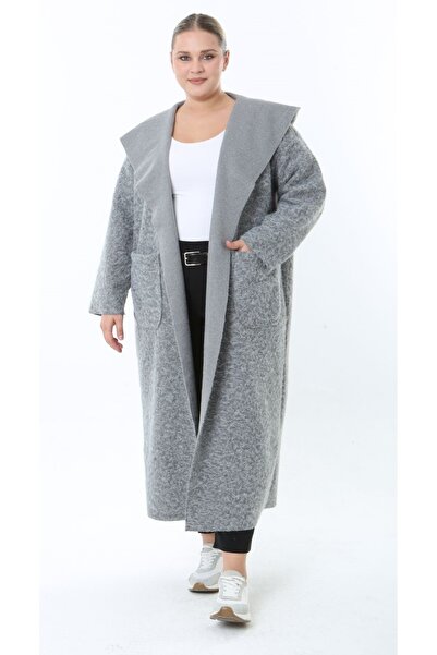 Butik Nilyam Women's Plus Size Long Hooded Turn-Down Collar Distressed Cashmere Cardigan Jacket Coat 25055