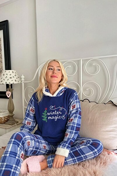 Pijamaevi Navy Blue Magic Patterned Hooded Plush Fleece Pajama Set