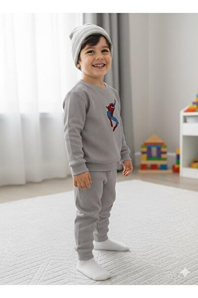JOJOBAMBİNO Örümcek Adam Nakışlı Erkek Çocuk Bebek Kaşkorse Fitilli Bereli 3'lü Alt Üst Takım Günlük Kreş