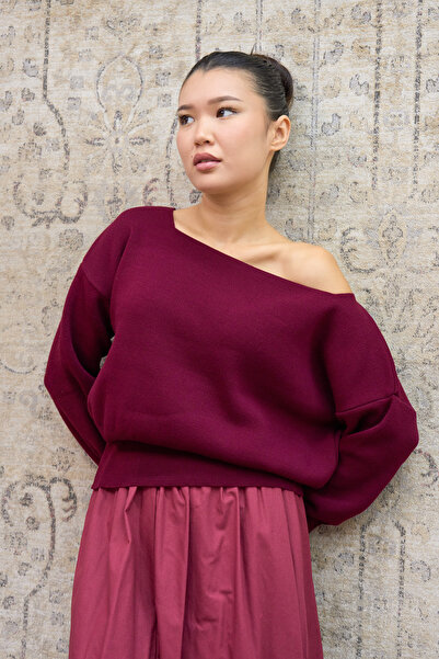 KÜÇÜĞÜM BUTİK Burgundy Boat Neck Oversize Knit Sweater