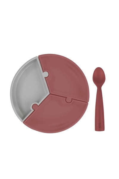 OiOi Puzzle Vacuum Food Plate+Nam Nam Food Spoon Velvet Rose-Powder Grey